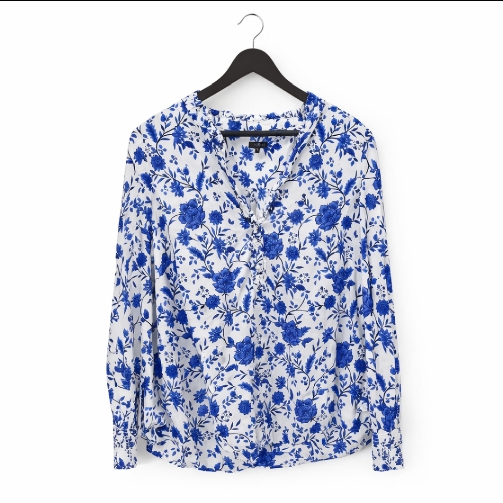 Talbots Blue Floral V-neck Ruffle Trim Cotton Blouse Sz X (XL)